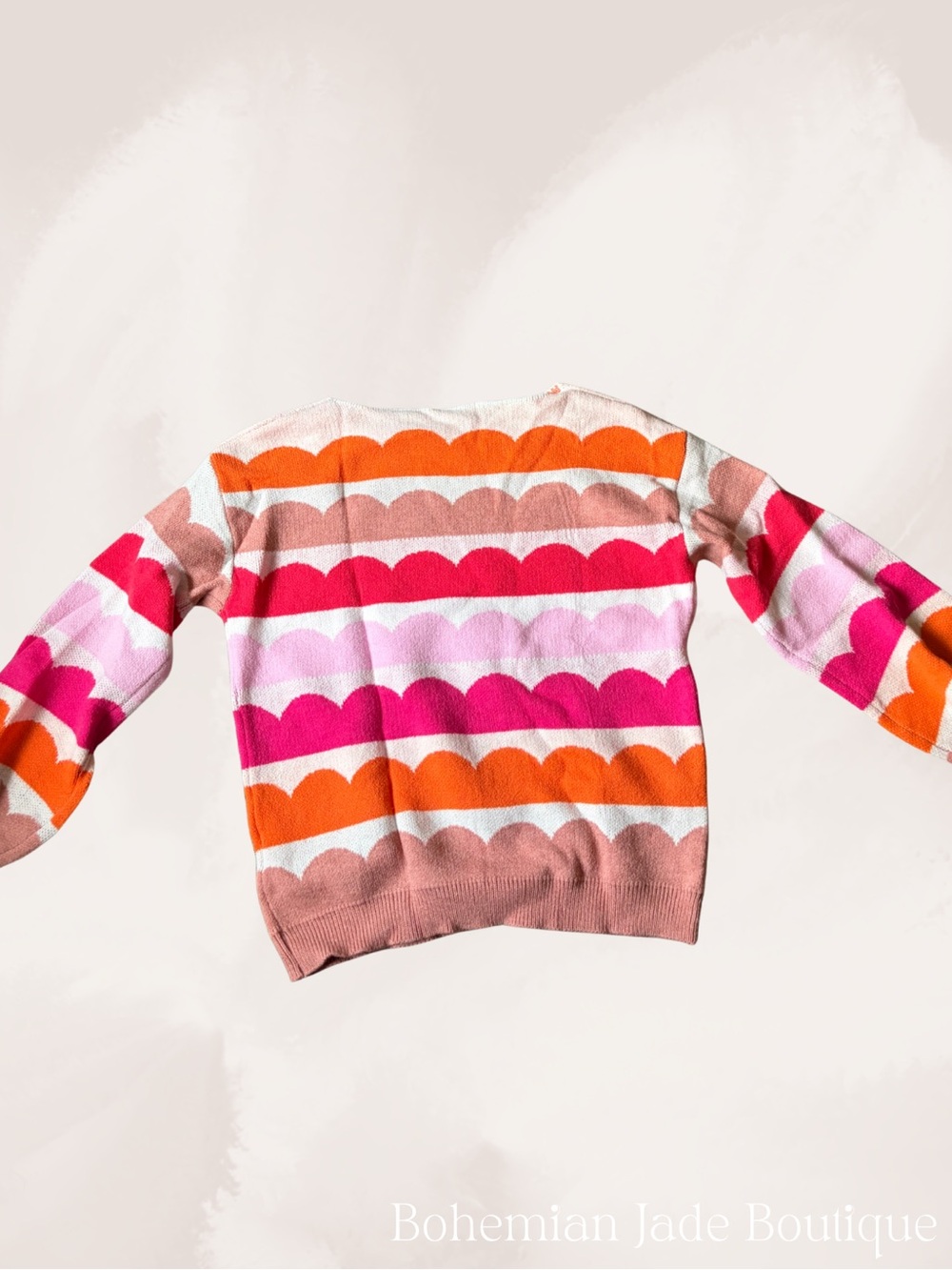 Colorful Scallop Stripe Balloon Sleeve Sweater Pink Orange Women’s Small - Picture 3 of 6